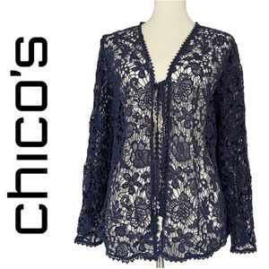 Chico’s Crocheted Lace Jacket In Navy‎ Blue
